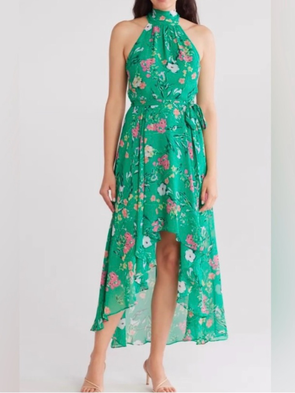 NWT Eliza J Green Floral High Low Halter Dress in Size 6